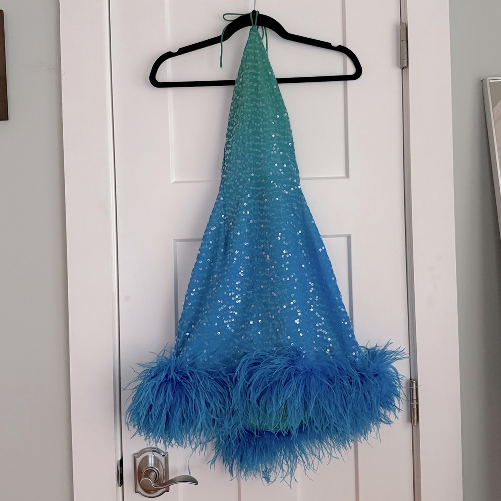 SAU Lee Jewel Ombré Feather Trimmed Halter Mini Dress Green Blue NEW with tag - Picture 3 of 13